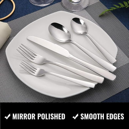 Hiware 24-Piece Silverware Set with Steak Knives, Stainless Steel Flatware Cutlery, Mirror Polished Flatware Serving Utensils Set for 4, Includes Forks Spoons Knives Silverware, Dishwasher Safe