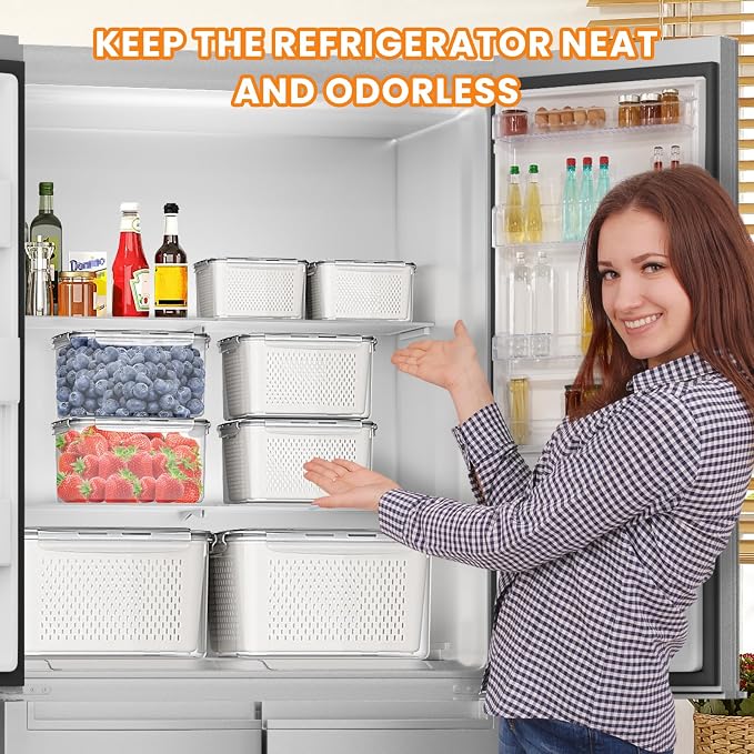 Fruit Storage Containers for Fridge - 6 PCS Poduce Containers for Fridge - Berry Containers for Fridges with Removable Drain Basket - Keep Fruit Lettuce Berry Vegetables Meat Food Stay Fresher Longer