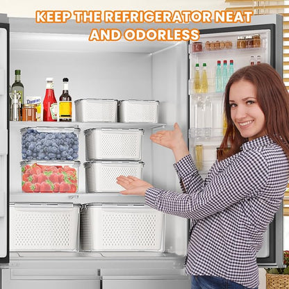 Fruit Storage Containers for Fridge - 6 PCS Poduce Containers for Fridge - Berry Containers for Fridges with Removable Drain Basket - Keep Fruit Lettuce Berry Vegetables Meat Food Stay Fresher Longer