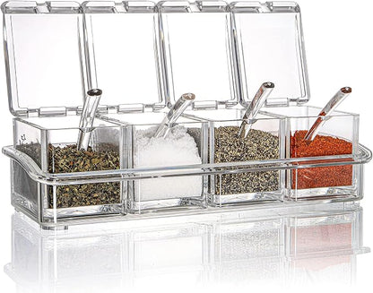 Yesland Clear Seasoning Rack Spice Pots - 4 Piece Storage Container Condiment Jars - Acrylic Seasoning Box, Cruet with Cover and Spoon