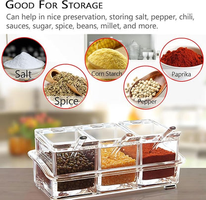 V·RESOURCING Clear Seasoning Box, 3 Pieces Seasoning Rack Spice Pots Storage Container for Spice Salt Sugar Cruet Liquid,Condiment Jars with 3 Spoons