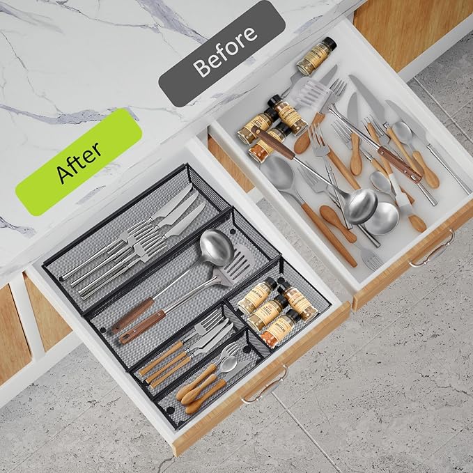 Neudeco Drawer Organizer, Black, 5 Pack, 15x6.2x2 inches | Metal Mesh Silverware Tray, Interlocking Design, 5 Compartment, For Kitchen Utensils