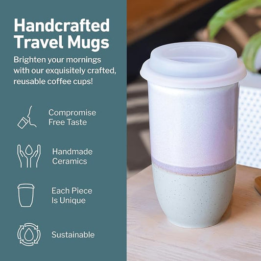 NOVA CERAMICS Coffee Travel Mug – Reusable To Go Mug – Microwave & Dishwasher Safe White & Purple Tumbler - Gifts For Women Men Him Her – 16oz – Horizon