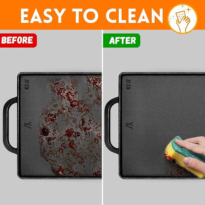 GGC Cast Iron Reversible Griddle, Double-sided Griddle Pan for Indoor and Outdoor Cooking, 15 x 9 Griddle Plate with Flat and Ribbed Side for Stove Tops, Gas Grills and Camping