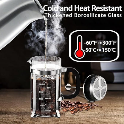 YMMIND French Press Coffee Maker 304 Stainless Steel Coffee Press,with 4 Filters System, Heat Resistant Thickness Borosilicate French Press Glass, BPA-Free Brewed Tea Pot Coffee Plunger