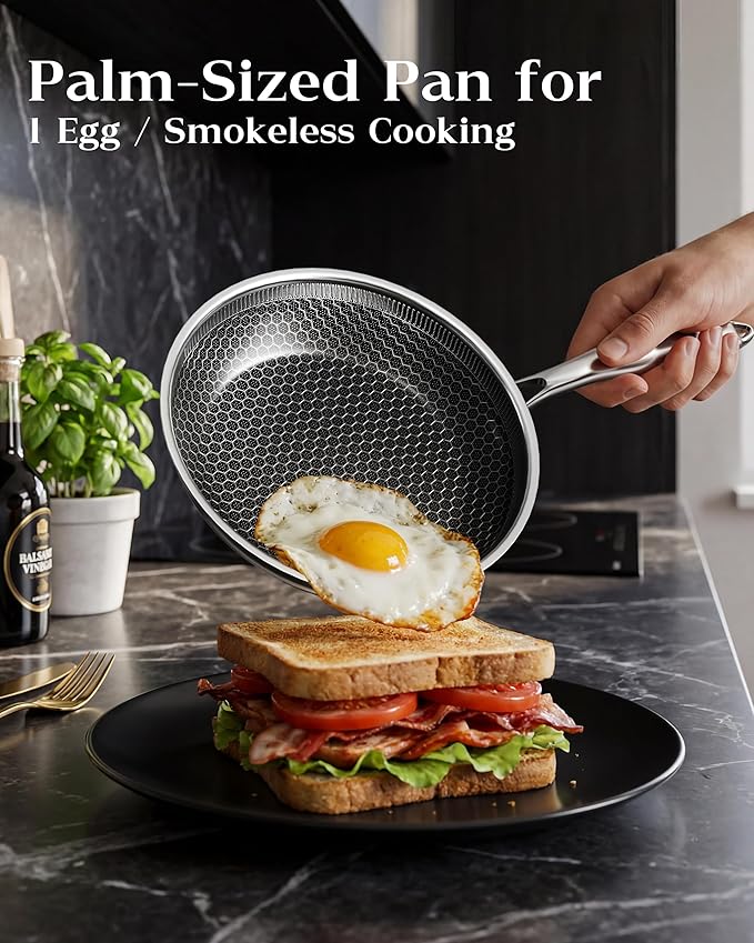 Nonstick Frying Pan with Lid 7-Inch, Durable Stainless Steel Skillet, Induction Cooktop Compatible, PFOA-Free Scratch-Proof, Dishwasher & Oven Safe, Stay-Cool Handle, Silver Kitchen Cookware