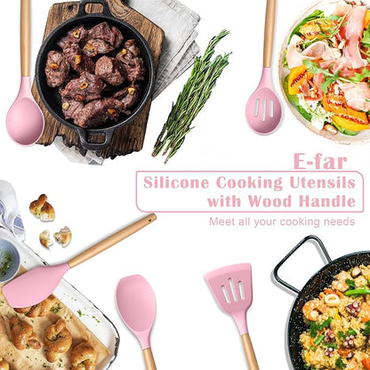 E-far Silicone Cooking Utensils Set, 5-Piece Kitchen Utensils Set with Wooden Handle for Cooking, Silicone Kitchen Nonstick Tools Spatula Turner Slotted Spoons, Nontoxic & Heat Resistant-Pink