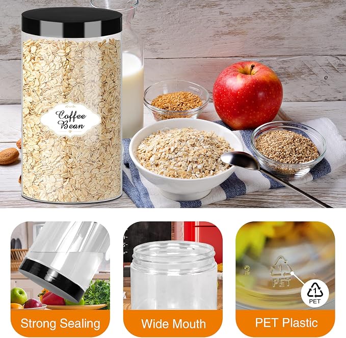 PeacePeo Plastic Jars with Lids, 16 Pcs 32 OZ Large Plastic Storage Jars with Black Leakproof Lids Cylinder Plastic Storage Container Jar Reusable Clear Empty Jars for Home and Kitchen Organizing