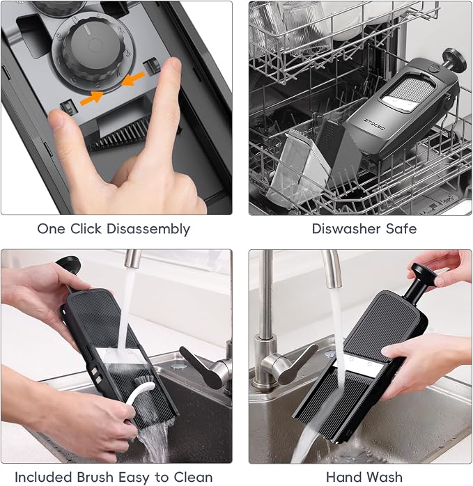 [All in 1] Vegetable Slicer with Adjustable Thickness, Easy to Clean Potato Mandoline Slicer with Container, Rapid Prep French Fry Veggie Cutter/Onion Slicer, Free Grater/Cleaning Brush (Black)