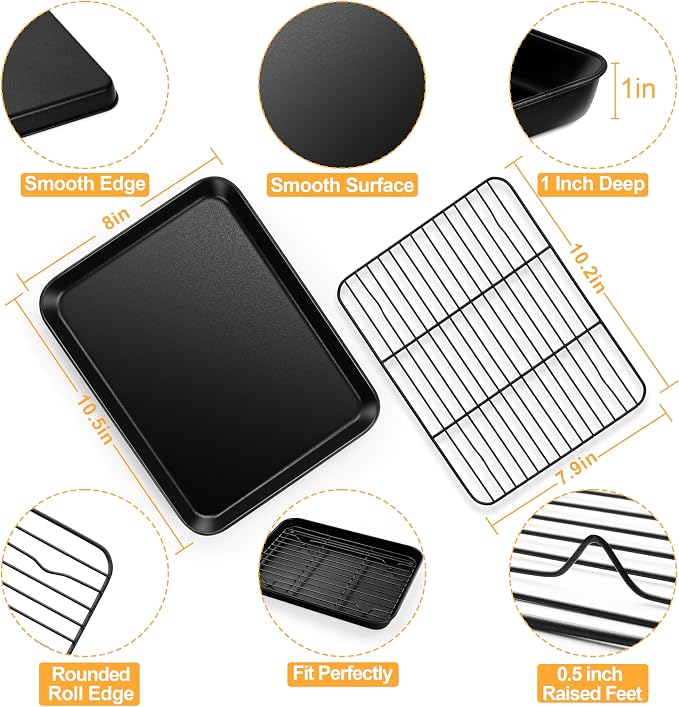 E-far Toaster Oven Baking Sheet with Rack Set, 10.5 x 8 x 1 Inch Cookie Sheet Baking Pans with Cooling Racks, Warp Resistant & Heavy-Duty, Nonstick & Easy Clean (2 Pans + 2 Racks)