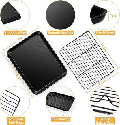 E-far Toaster Oven Baking Sheet with Rack Set, 10.5 x 8 x 1 Inch Cookie Sheet Baking Pans with Cooling Racks, Warp Resistant & Heavy-Duty, Nonstick & Easy Clean (2 Pans + 2 Racks)