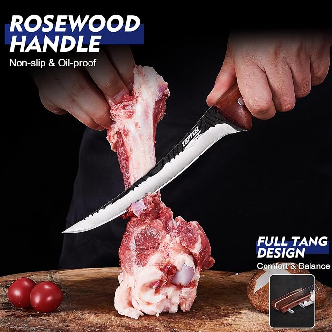 Topfeel Butcher Knife Set 5PCS, Hand Forged Kitchen Knives Set Serbian Chef Knife Set, Meat Cleaver Boning Carving Knives Set for Home、Camping、BBQ