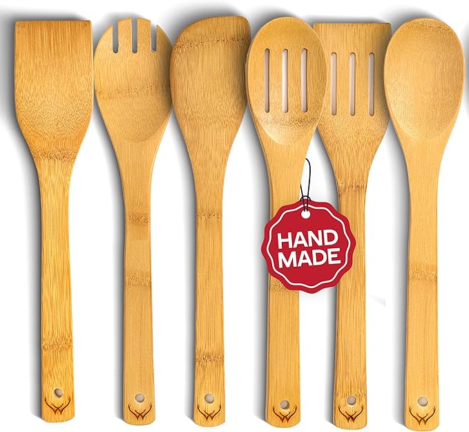 WOODLANDS USA Wooden Spoons for Cooking set of 6 – Premium Wooden Utensil set for everyday use – Versatile Cooking utensils set safe for nonstick pans – Durable wooden spoon kitchen utensils set