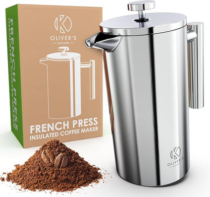 Oliver's Kitchen ® Premium French Press Cafetiere Coffee Maker - Thermal Insulated Double Wall - Stainless Steel 1 Liter