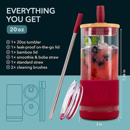 Pandaloo® Glass Cups With Lids and Straws -20 Fl Oz- Perfect Size Iced Coffee Cup - Smoothie Cup With Bamboo Lid and On the go Lid - Glass Tumbler With Straw (1 Count (Pack of 1), Boysenberry)