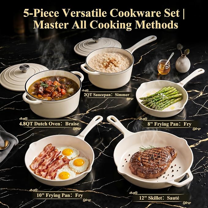QuliMetal Enameled Cast Iron Cookware Set, 5-Piece Pots and Pans Set with Lids, Skillet, Frying Pan, Saucepan & Dutch Oven for All Stovetops, PFOA Free, Ideal for Sourdough Bread Baking