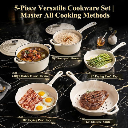 QuliMetal Enameled Cast Iron Cookware Set, 5-Piece Pots and Pans Set with Lids, Skillet, Frying Pan, Saucepan & Dutch Oven for All Stovetops, PFOA Free, Ideal for Sourdough Bread Baking