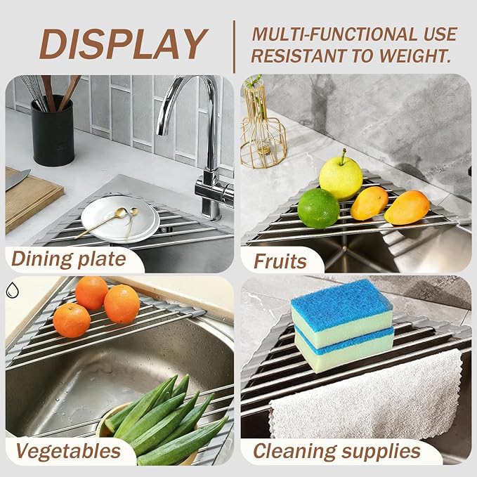 Triangle Roll-Up Dish Drying Rack and Sponge Holder for Kitchen Sink - Foldable Stainless Steel Dish Drying Rack for Sink Corners, Multipurpose Over The Sink Kitchen Drainer, Save Space