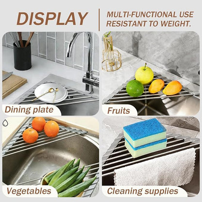 Triangle Roll-Up Dish Drying Rack and Sponge Holder for Kitchen Sink - Foldable Stainless Steel Dish Drying Rack for Sink Corners, Multipurpose Over The Sink Kitchen Drainer, Save Space