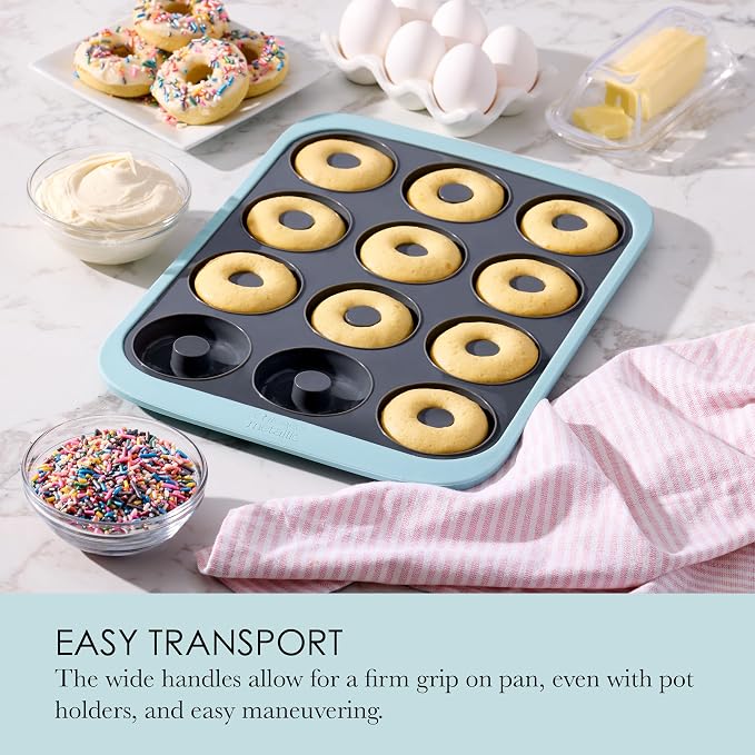 Chicago Metallic Silicone Donut Pan, 12 Cup Blue Nonstick Baking Pan for Donuts, Bagels and More, Wire-Reinforced Rim, Oven Safe to 428F, 14.6 x 10 x 1.4 Inches