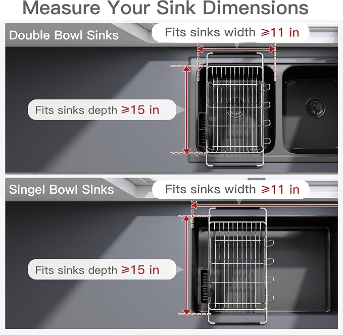Over the Sink Expandable Dish Drainer Drying Rack In Stainless Steel for Small Kitchen, Counter Space Saving Modern Compact Metal Above Plate Dryer Strainer, Adjustable Hanging Inside Drain Holder