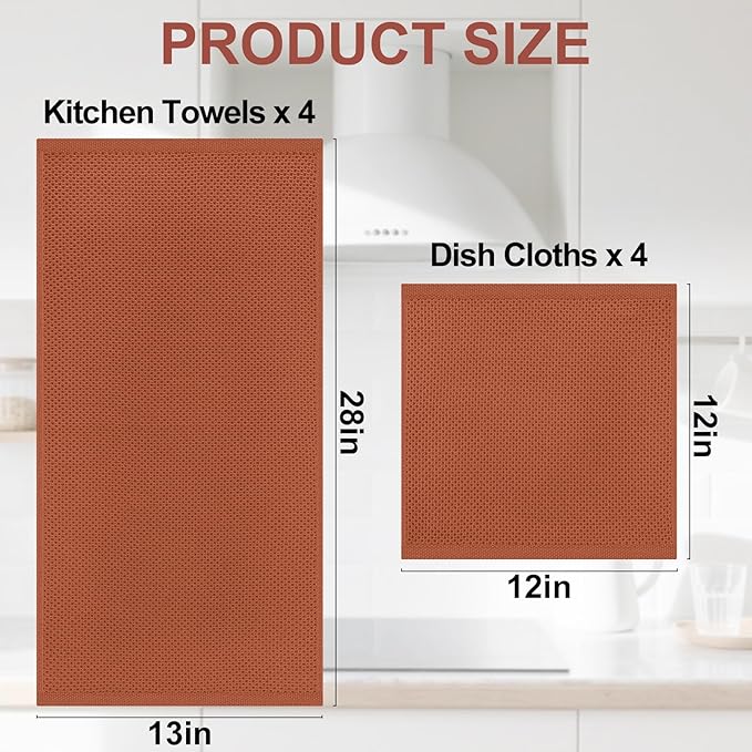 Homaxy 100% Cotton Kitchen Towels and Dishcloths Set, 12 x 12 Inches and 13 x 28 Inches, Set of 8 Bulk Kitchen Towels Set, Ultra Soft Absorbent Dish Cloths for Washing Dishes, Rust