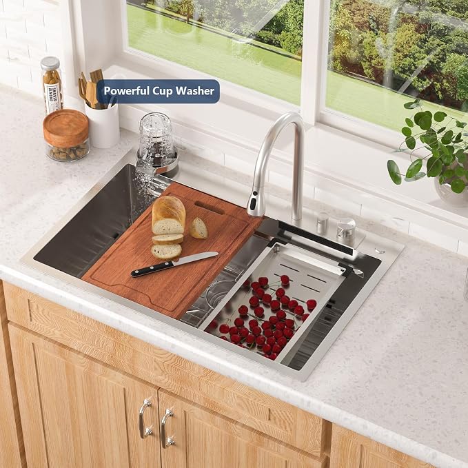 Lordear 33x22 Inch Drop In Kitchen Sink Waterfall Functional T304 16 Gauge 33 Inch Workstation Stainless Steel Single Bowl Kitchen Sinks, 33X22X10 Inch