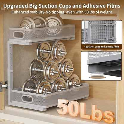 Under Sink Organizer 1 Pack, 2-Tier Slide Out Cabinet Organizer with Metal Sliding Drawer and Hooks, Pull Out Storage Baskets for Kitchen Bathroom Pantry Cabinet Organization (Gray (1 pack))