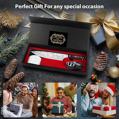 8" Chef Knife,High Carbon Stainless Steel Chef Knife,kitchen knife with Finger Guard and Knife Sharpener,Chef Knife Gift Box for Family and Friends