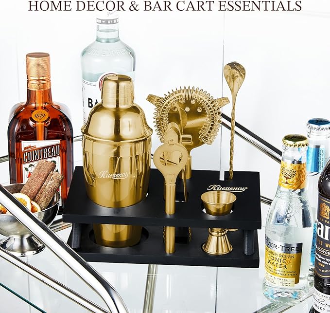 KITESSENSU Cocktail Shaker Set Bartender Kit, 6-Piece Silver Bar Set with Stand, Gold
