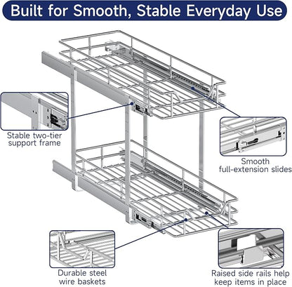 2-Tier Pull Out Cabinet Organizer, 10.5" W x 18" D, Heavy Duty Dual Slide Out Shelves for Narrow Base Cabinets, Chrome Wire Basket Drawer for Spices, Bottles & Snacks