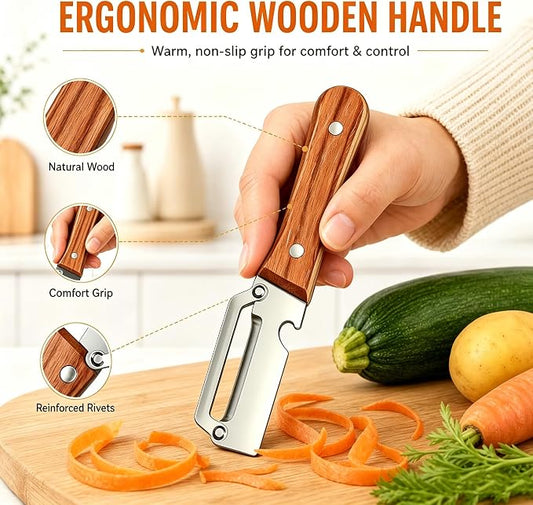 Premium Multifunctional Vegetable Peeler–Zero-Snag Stainless Steel Blade, Ergonomic Wooden Handle Built-in Bottle Opener for Kitchen,Camping | Effortless Peeling for Potatoe, Carrot, Apple&More