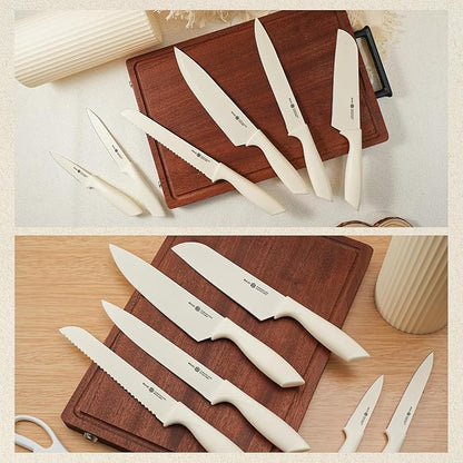 Knife Set, 8-Piece Kitchen Knife Set with Universal Block - Anti-Rust Chef Knives, Ergonomic Design, Dishwasher Safe (Cream)
