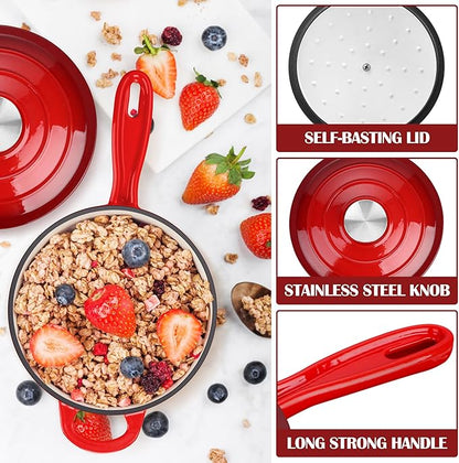 E-far Enameled Cast Iron Sauce Pan with Lid, 1 Quart Dutch Oven Saucepan, Mini Sauce Pot for Cooking, Boiling, Healthy & Non Toxic, Induction & Oven Safe, Red