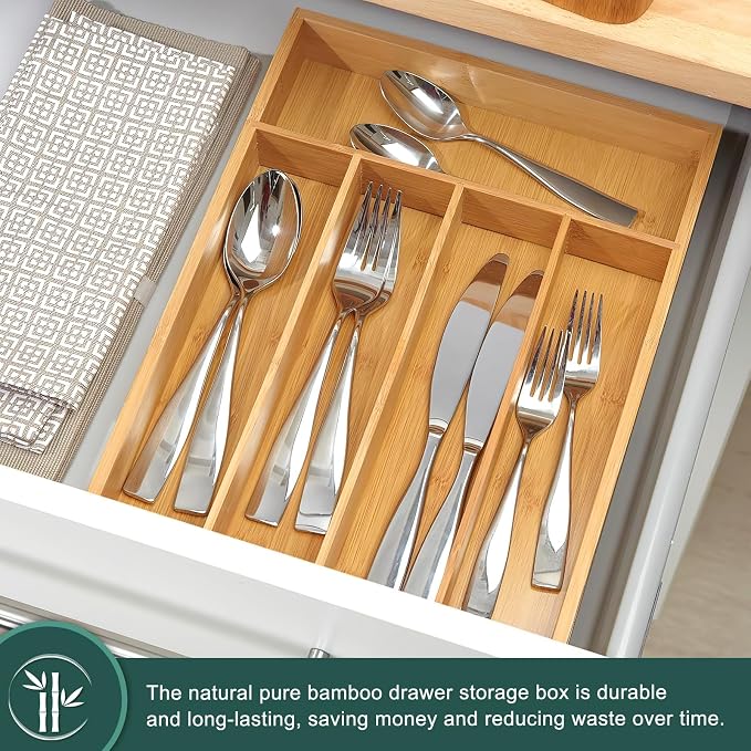 Silverware Drawer Storage, 5-Compartment Bamboo Cutlery Rack, Kitchen Cutlery Storage Box