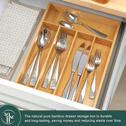 Silverware Drawer Storage, 5-Compartment Bamboo Cutlery Rack, Kitchen Cutlery Storage Box