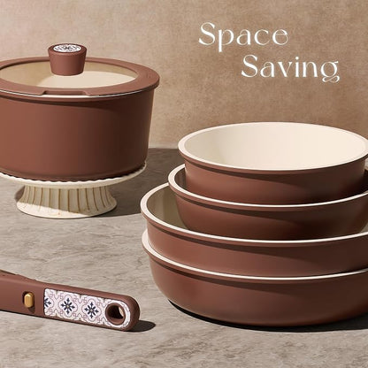 CAROTE 19Pcs Ceramic Cookware Set, Pots and Pans Set Non stick, Non Toxic Cookware Detachable Handle, Kitchen Cooking Set - Induction Cookware, Dishwasher/Oven Safe, PFAS Free, Chocolate