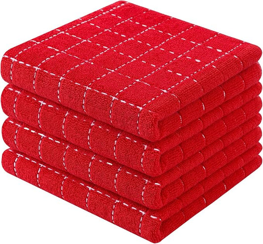 Mordimy 100% Cotton Terry Cloth Kitchen Towels, Super Soft and Absorbent Dish Towels for Drying, Checkered Designed Hand Towels for Kitchen, 13 x 28 Inches, 4 Pack, Red