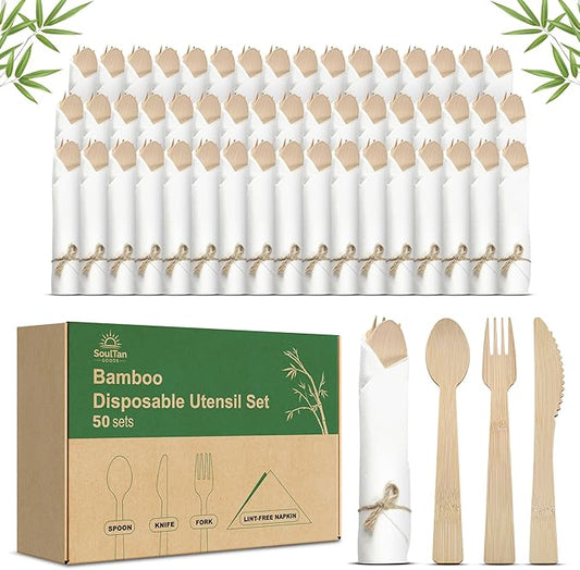 Prerolled Disposable Bamboo Cutlery Set – 50 Pack Pre Wrapped Silverware and Napkin Bundle with Forks, Knives, Spoons for Parties, Weddings, Events, and BBQ (Natural - Beige String)