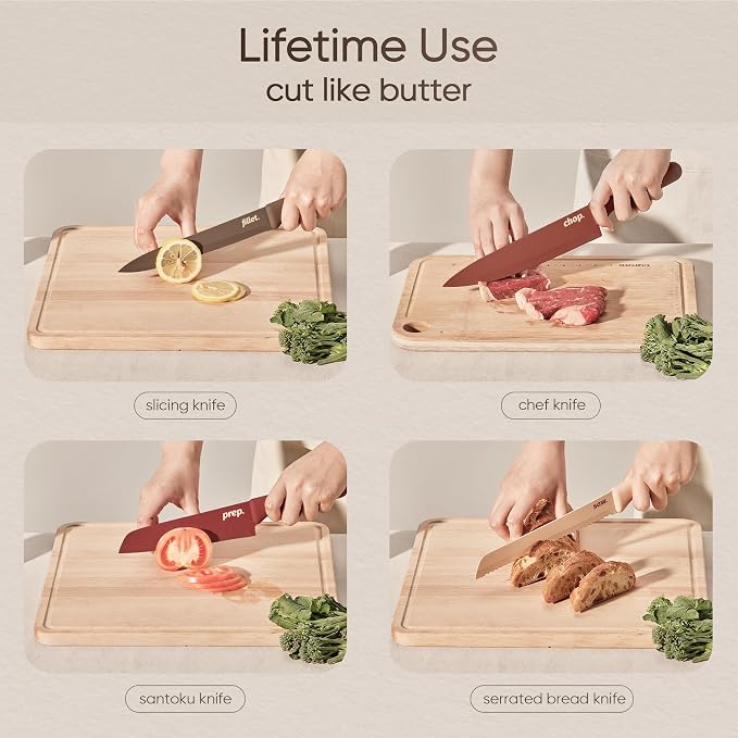 CAROTE Knife Set, 13 Pcs Kitchen Knife Set with Letter, 6 Stainless Steel Knives with Nonstick Ceramic Surface & Blade Guards, Kitchen Shears, Dishwasher Safe, Ergonomic Handles