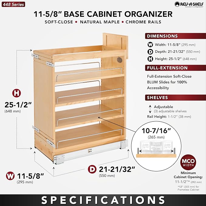 Rev-A-Shelf Maple Pullout Organizer w/ BLUM Soft-Close for Base Cabinets, Full Extension Slides & Adjustable Shelves, Min Opening Width of 11.5", 448-BCSC-11C