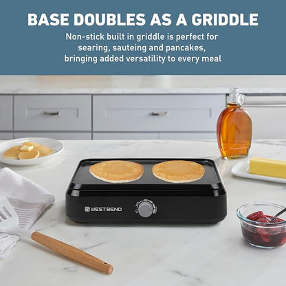 West Bend Versatility Slow Cooker Large Capacity Non-stick Cooking Vessel & Variable Temperature Heating Base Includes Travel Lid and Storage Bag, Range and Oven-Safe Cooking Pot, 5-Quart, Silver