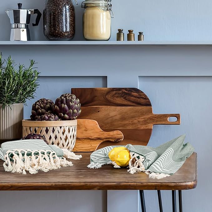 TWINY threads Set of 4 100% Cotton Turkish Kitchen Towels with Hanging Loop & Tassels (18" X 28") | Ultra Washcloth with Fringes | Reusable Hand Towels - Olive Green