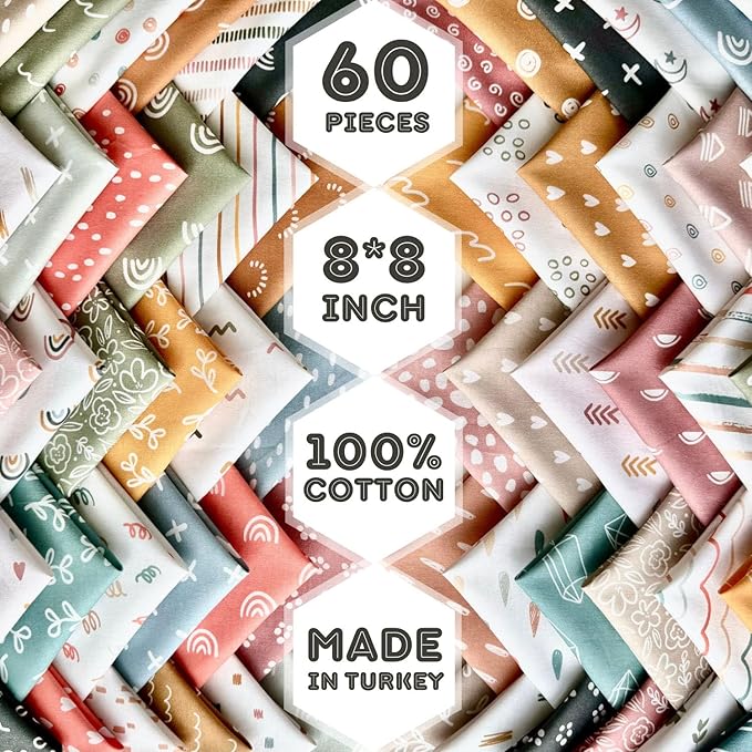 Soft Pastel Abstract Patchwork Cotton Fabric Set – 60 Pre-Cut 8×8 inch Squares, Eco-Printed 100% Cotton 140 GSM