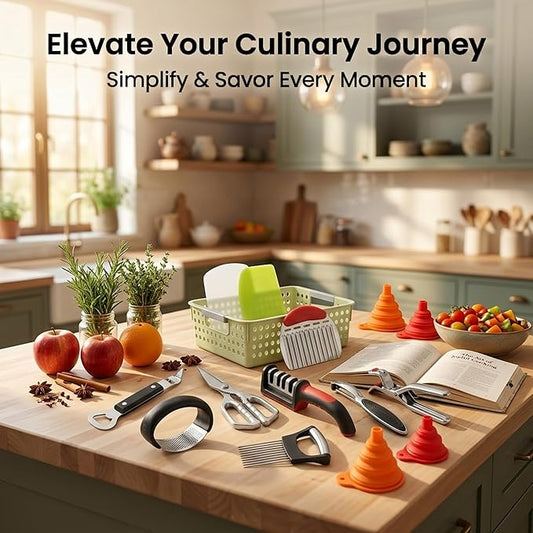 13-Piece Kitchen Gadget Set (Includes Storage Basket) — Featuring Kitchen Shears, Knife Sharpener, Peeler, Dough Scraper, Funnel, and Anti-Scald Tongs — A Complete Set of Cooking and Food Prep Tools