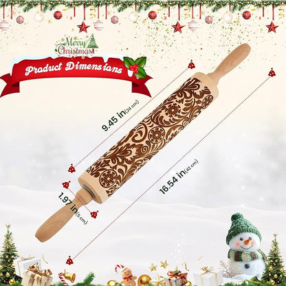 Gobam Embossed Rolling Pin for Cookies, Engraved Wooden Rolling Pin for Baking, Deep Pattern Cookie Roller for Christmas, Holiday, DIY Kitchen Decor and Gift - Snowflake