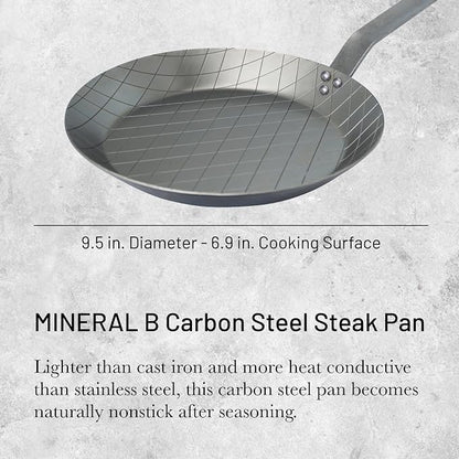 de Buyer MINERAL B Carbon Steel Steak Pan - 9.5” Diameter, 6.9” Cooking Surface - Ideal for Searing & Browning Meat - Naturally Non-Stick Finish - Made in France