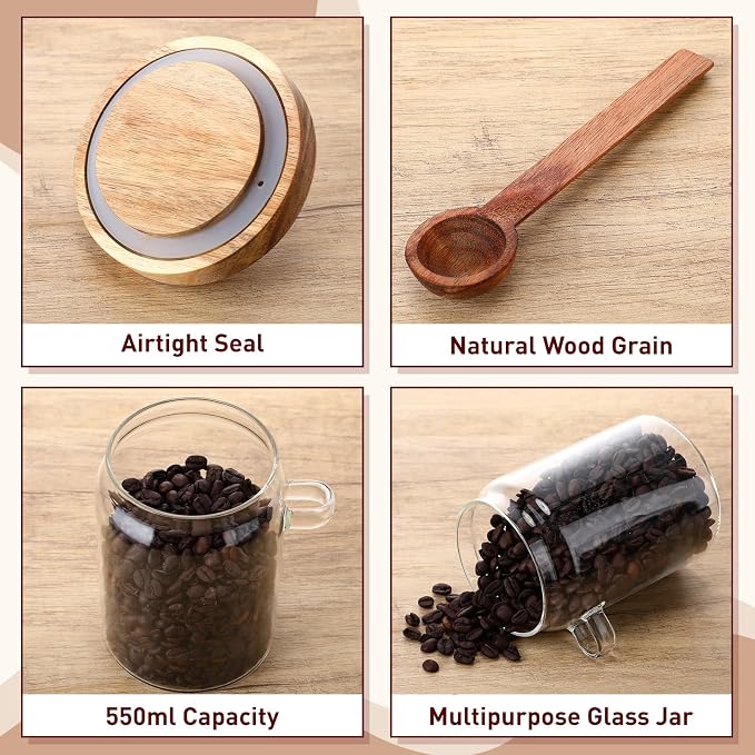 Remerry Set of 6 Glass Jar with Wooden Lid and Spoon, 13.5 Oz/20 oz, Coffee Sugar Container Set, Clear Airtight Spice Canisters Glass Food Storage Kitchen Containers for Coffee Bean Tea Sugar