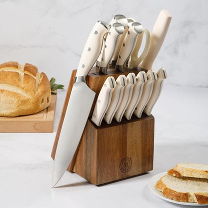 Martha Stewart Greeley Forged High Carbon Stainless Steel 14 Piece Knife Block Set, Linen White Kitchen Knife Set with Acacia Wood Block, Chef Knife, Bread Knife, Steak Knives