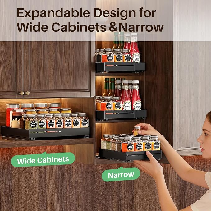 SNTD Pull Out Spice Rack for Upper Cabinet - Expandable Organizer with Smooth Ball Bearing Slides, No Drill Mounting Spice Storage for Kitchen (1 Pack, 7.2" to 12.9" W X 10" D X 2.2" H)